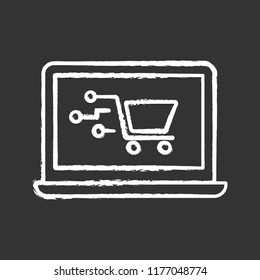 Payment system technology chalk icon. E-payment. Online shopping. Laptop display with shopping cart. Digital purchase. Isolated vector chalkboard illustration