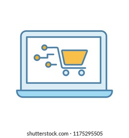 Payment system technology color icon. E-payment. Online shopping. Laptop display with shopping cart. Digital purchase. Isolated vector illustration