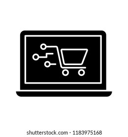 Payment system technology glyph icon. Silhouette symbol. E-payment. Online shopping. Laptop display with shopping cart. Negative space. Digital purchase. Vector isolated illustration