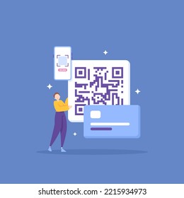 ein Zahlungssystem, das einen QR-Code verwendet. Zahlungsmethode. ein männlicher Käufer oder Kunde verwendet ein Smartphone, um einen QR-Code zu scannen. Design des Illustrationskonzepts. grafische Elemente