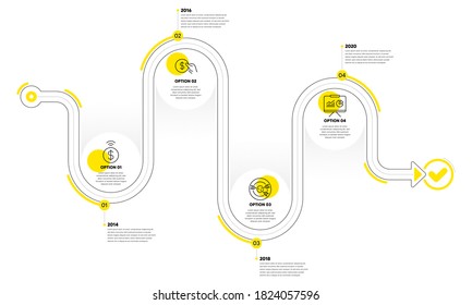 Payment, Targeting and Presentation line icons set. Timeline plan infograph. Contactless payment sign. Usd coin, Target with arrows, Board with charts. Finance set. Vector