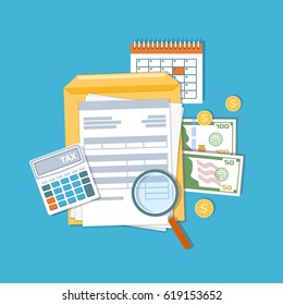 Payment of tax and accounts concept. Financial calendar, money, cash, gold coins, calculator, magnifying glass invoices, bills. Payday icon. Vector illustration