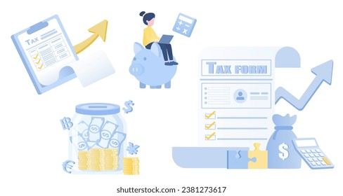 Payment and tax collection set. Tax form, filling form and apply submit annual process. Financial management, financial accounting, tax document, saving money. Flat vector design illustration.