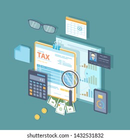 Payment Of Tax, Invoices, Bills Concept. Financial Calendar, Money, Tax Form On Clipboard, Magnifying Glass, Calculator, Pen, Folder. Payday Icon. Isometric 3d Vector Illustration