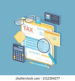 Payment of tax, invoices, checks concept. Financial calendar, tax form for the clipboard, magnifying glass, calculator, pen. Payday icon. Isometric 3d  illustration