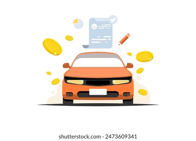 Pago de impuesto de coche personal, coche naranja con información, lápiz, moneda sobre fondo aislado, Ilustración vectorial.