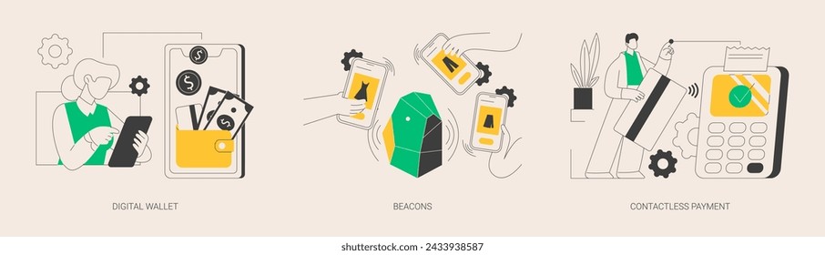 Payment technology abstract concept vector illustration set. Digital wallet, beacons, contactless payment, digital banking tool, money transfer, personalized marketing, paypass abstract metaphor.