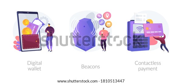 Payment technology abstract concept vector\
illustration set. Digital wallet, beacons, contactless payment,\
digital banking tool, money transfer, personalized marketing,\
paypass abstract\
metaphor.