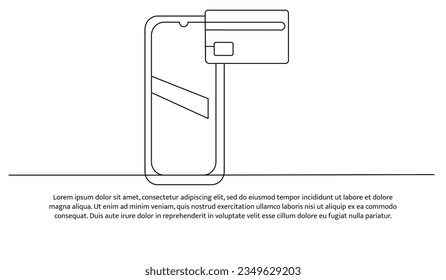 Payment technology development one continuous line design. Illustration of credit card symbol with smartphone. Decorative elements drawn on a white background.
