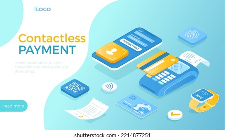 Сontactless payment technology, NFC. Wireless mobile payment. POS terminal, smartphone, credit card, smartwatch, QR code scanning. Isometric vector illustration for website.