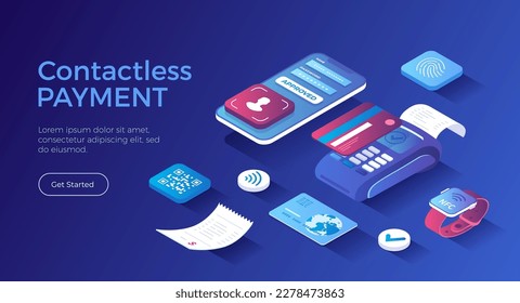 Сontactless payment technology, NFC. Wireless mobile payment. POS terminal, smartphone, credit card, smartwatch, QR code. Isometric landing page. Vector web banner.	
