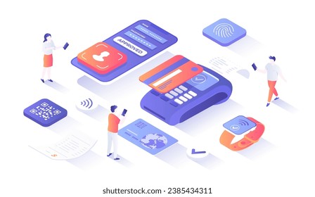 Сontactless payment technology, NFC. Wireless mobile payment. POS terminal, smartphone, credit card, smartwatch, QR code. Isometry illustration with people scene for web graphic.	
