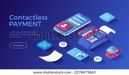 Сontactless payment technology, NFC. Wireless mobile payment. POS terminal, smartphone, credit card, smartwatch, QR code. Isometric landing page. Vector web banner.	
