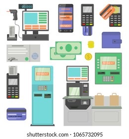 Payment terminal ATM machine and cash register flat icons set