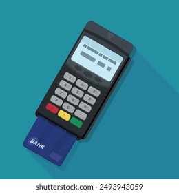 Terminal de pago con tarjeta bancaria insertada en estilo de diseño plano sobre fondo azul con sombra larga