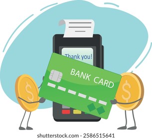 Payment terminal payment by bank card. Vector illustration concept cashless payment. Shopping, cash gold dollars