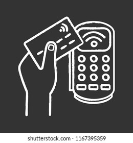 Payment terminal chalk icon. POS terminal. NFC payment. Contactless transaction. Near field communication. E-payment. Isolated vector chalkboard illustration