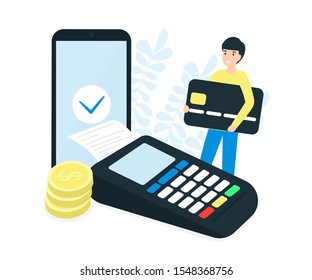 Payment terminal, coins, mobile phone and man character hold credit card. Pos machine illustration. Flat vector design concept.