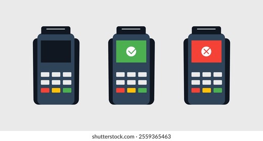 Payment terminal collection with blank screen, payment successful and canceled. Vector flat illustration