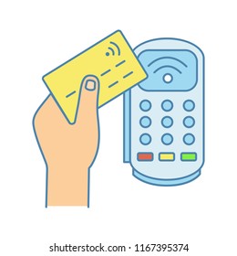 Payment terminal color icon. POS terminal. NFC payment. Contactless transaction. Near field communication. E-payment. Isolated vector illustration