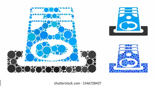 Payment terminal composition of filled circles in various sizes and color hues, based on payment terminal icon. Vector filled circles are combined into blue collage.