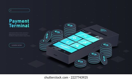 Payment terminal concept. Modern technologies and digital world, gadgets and devices. Cashless payment, electronic transactions and transfers. Poster or banner. Cartoon isometric vector illustration