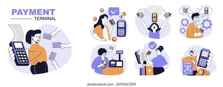 Payment terminal concept set in flat web design. People in isolated scenes using wireless and contactless POS terminals for paying paying with bank credit cards at checkout. Vector illustrations.