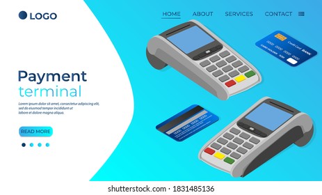 Payment terminal credit card and coins.Isometric image of payment terminals in different angles and credit cards.The concept of online payments and money transfers.vector illustration.