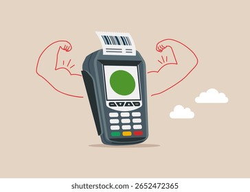 Payment terminal for credit card payment doing strong gesture. Money power. High esteem. Confirms the payment by debit credit card, money, security. Vector illustration in flat style