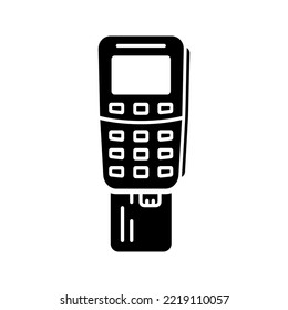  Payment Terminal with Credit Card E business Concept Silhouette Icon. Ecommerce Finance Transaction for Pay Glyph Pictogram. Insert Credit Card in POS Symbol. Isolated Vector Illustration.