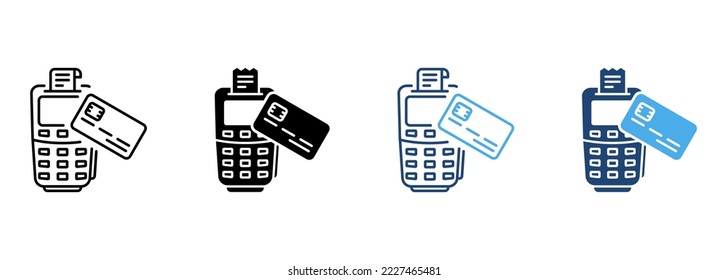 Payment Terminal and Credit Card Line and Silhouette Icon Set. POS Contactless Transaction Pictogram. Wireless Money Pay Symbol Collection on White Background. Isolated Vector Illustration.