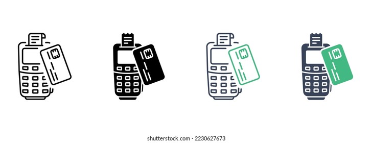 Payment Terminal and Credit Card Line and Silhouette Icon Set. POS Contactless Transaction Pictogram. Wireless Money Pay Symbol Collection on White Background. Isolated Vector Illustration.