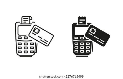 Terminal de pago y línea de tarjeta de crédito y conjunto de iconos de silueta. Pictograma de transacciones sin contacto de POS. Colección de símbolos de pago de dinero móvil en fondo blanco. Ilustración de vectores aislados.