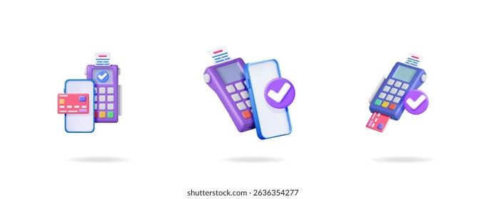 Payment terminal with credit card and smartphone. Pos terminal with valid check mark. Online paying concept. 3d vector illustration collection set.