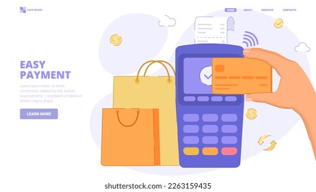 Payment with terminal and credit card. Successful transaction, payment method concept. 3d vector icon for web site, banner, landing page, print. Payment process three dimensional illustration.