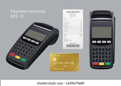 Payment terminal. Credit card termination machine nfc mobile payment receipt for goods vector realistic illustrations. Terminal for paying, pos machine and card