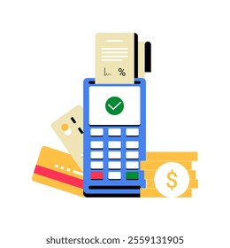 Payment Terminal With Credit Cards And Dollar Coins In Flat Vector Illustration Symbolizing Digital Payment, Cashless Transaction, And Finance Technology, Isolated On White Background.