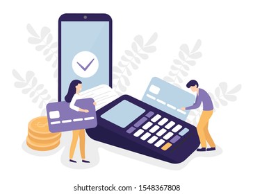 Payment terminal, credit cards, mobile phone and people characters. Pos machine illustration. Flat vector design concept.