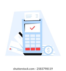 Payment Terminal With Credit Cards And Receipt In Flat Vector Illustration Symbolizing Digital Payments, Banking, And Secure Transactions, Isolated On White Background
