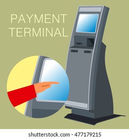 Payment terminal, digital touch screen, interactive kiosks. Vector flat Illustration. Web graphics, banners, advertisements, brochures, business templates. Isolated on a white background.