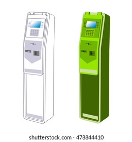 Payment terminal, digital touch screen, interactive kiosks. Vector flat and line Illustration. Web graphics, banners, advertisements, brochures, business templates. Isolated on a white background.
