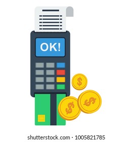 Payment terminal. Finance and banking system of payments. Flat vector cartoon illustration. Objects isolated on white background.