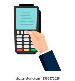 Payment terminal - a finger entering the PIN code. Vector illustration hand entering pin code on credit card, POS or a PDQ terminal in flat style.