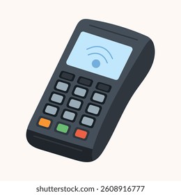 Payment terminal flat vector illustration of modern POS machine with NFC contactless symbol, ideal for fintech presentations, banking apps, retail checkout interfaces and mobile payment UI design.
