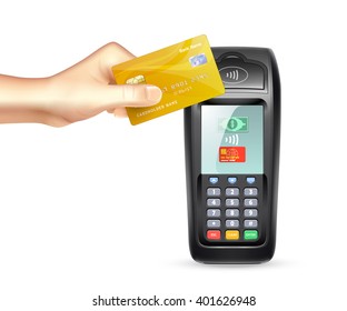 Payment terminal and gold credit card in human hand in realistic style vector illustration