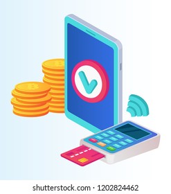 Payment terminal with green check mark and receipt and smartphone. Approved transaction successful online mobile payment system. Vector flat cartoon isolated graphic design illustration
