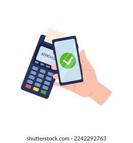 Payment terminal and hand holding smartphone flat style, vector illustration isolated on white background. Successful transaction, NFC pay hand, design element