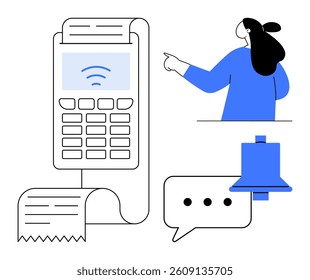 Payment terminal, hand pointing, receipt, notification bell, speech bubble. Ideal for digital payments, financial technology, customer interaction, contactless transactions, and modern retail