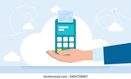 Payment Terminal in Hand. Render Male hand holding POS payment machine icon in flat style. Payment NFC Keypad Machine. Credit Debit Card Reader. Contactless Payment Transaction. Vector illustration