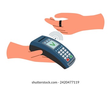 Payment terminal and hand in smart ring. Contactless payment concept. Technology concept.